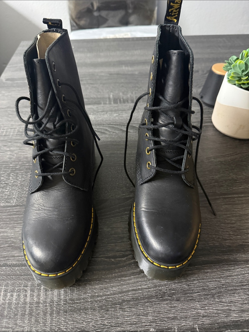 Dr. Martens Black Leather Lace-Up Boots with Yellow Stitching